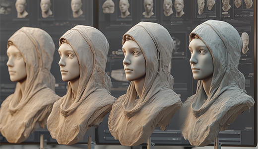 4 sculptures en glaise alignées devant un panneau rempli de croquis d'elles