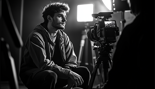 Homme assis interviewé et filmé par un journaliste dans une ambiance NB