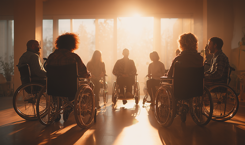 groupe d'apprenants en situation de handicap en en cercle dans une salle