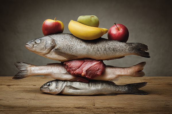 Equilibre alimentaire, avec poissons, viandes, fruits et légumes, pour la personne âgée